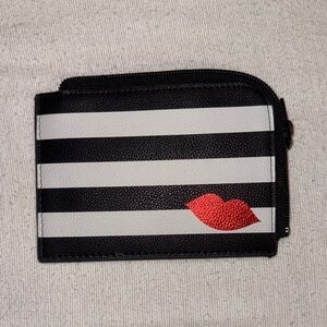 Black and White Striped Wallet with Red Lips